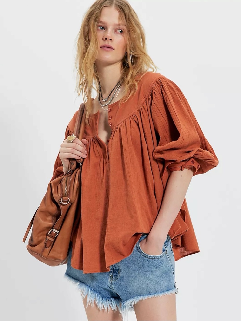 Free People Bohemian Billowy Malibu Crinkle Top Autumnal Fall Brown Size Large
